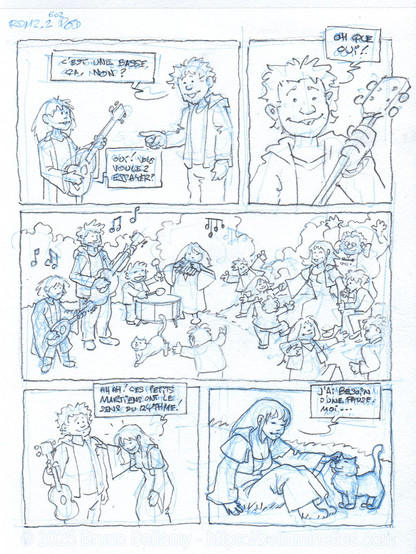 Scan du crayonné en cours d'une page de Romance de Mars 2, épisode 2… On y voit nos héros participer à une fête très animée, où l'on danse et joue de la musique, en compagnie des enfants du village des réfugiés martiens.