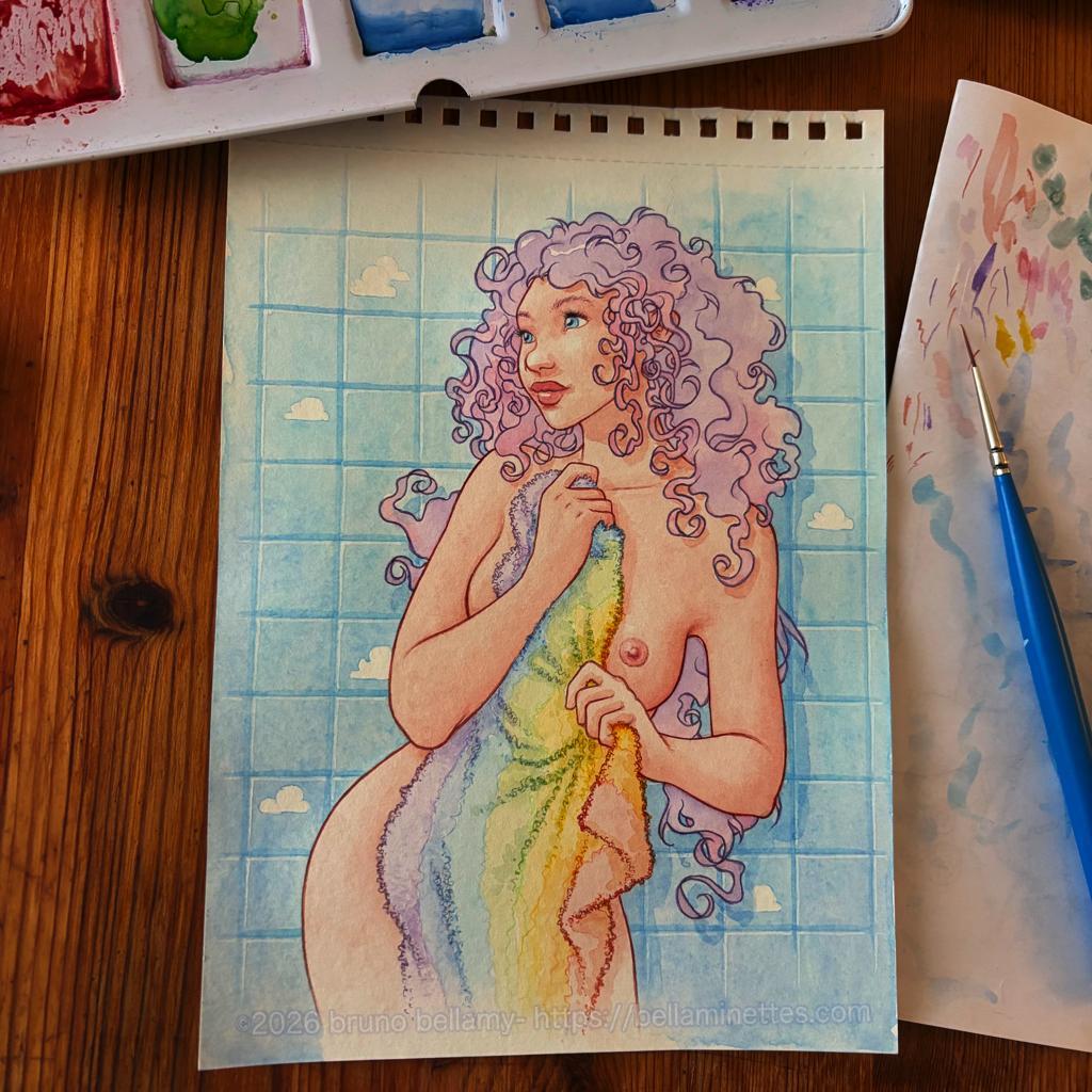 Photo de l'aquarelle terminée, sur la table en bois, avec tout le matériel autour.